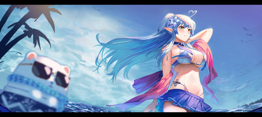 1girl absurdres ahoge arm_up bangs bikini blue_hair blue_sky blush breasts cleavage cowboy_shot daifuku_(yukihana_lamy) floating_hair flower hair_flower hair_ornament heart heart_ahoge highres hololive large_breasts long_hair looking_away navel ocean outdoors parted_lips ponytail pyytato shawl sky solo stomach string_bikini swimsuit very_long_hair virtual_youtuber white_footwear yellow_eyes yukihana_lamy