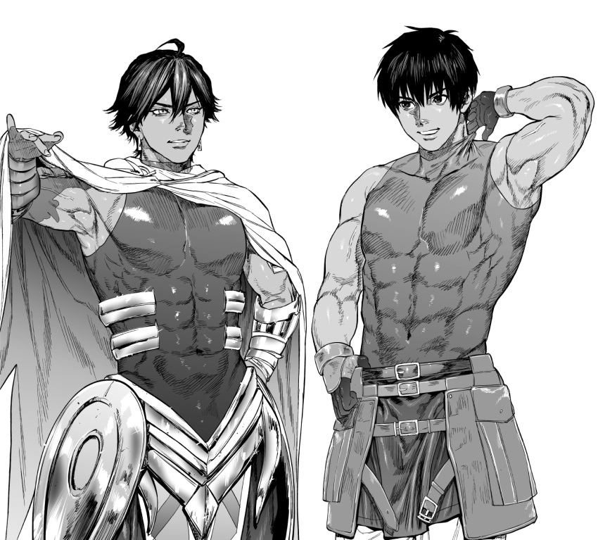 2boys ahoge arash_(fate) armor armpits bangs belt black_hair cape covered_abs covered_navel dark-skinned_male dark_skin earrings egyptian egyptian_clothes fate/grand_order fate_(series) gloves grin hair_between_eyes hand_on_hip highres jewelry kimidake male_focus monochrome multiple_boys muscular muscular_male ozymandias_(fate) shiny shiny_clothes short_hair skin_tight smile white_cape