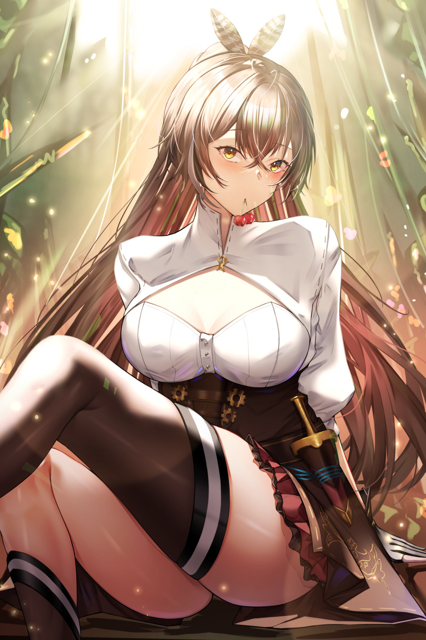 1girl absurdres arms_behind_back bangs black_thighhighs blurry blurry_background blush breasts brown_corset brown_eyes brown_hair casual cherry closed_mouth commentary corset dagger dated_commentary feet_out_of_frame food fruit highres hololive holstered_weapon jacket knife legs long_hair looking_at_viewer medium_breasts misa_pika mouth_hold nanashi_mumei ponytail red_skirt short_sleeves sitting skirt solo thighhighs thighs virtual_youtuber weapon white_jacket