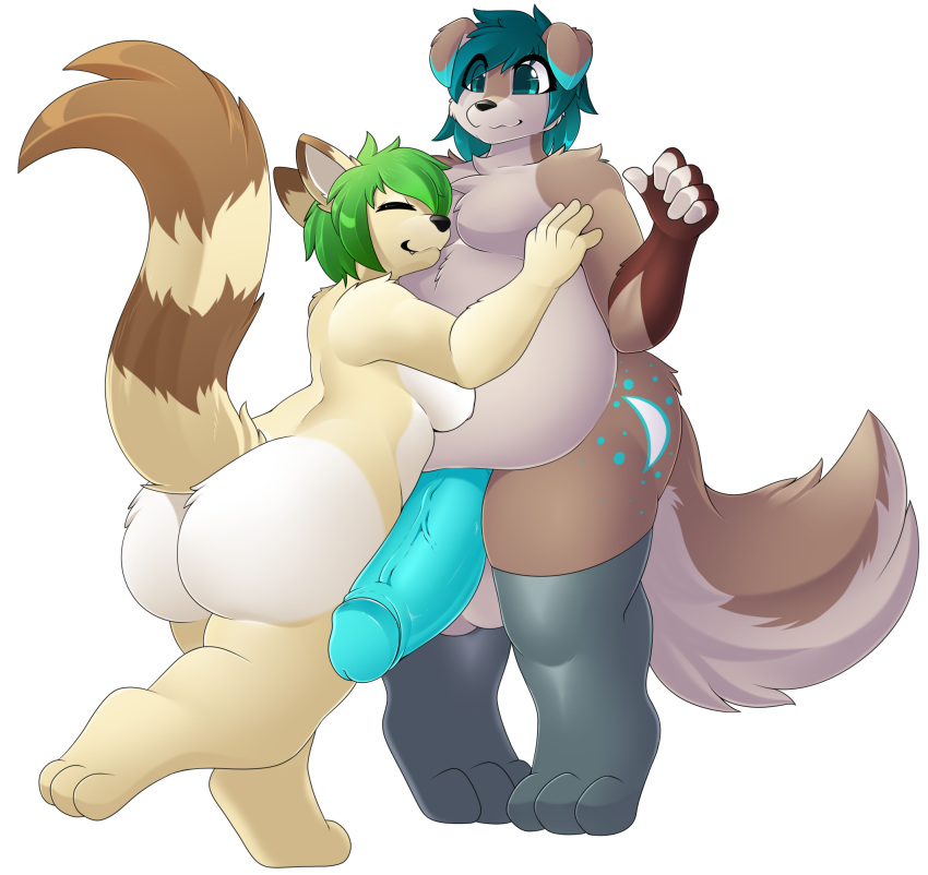 3_toes 5_fingers alpha_channel anthro anthro_on_anthro balls big_balls big_butt big_penis black_nose blue_eyes blue_hair blue_penis breasts brown_body brown_fur butt butt_markings canid canine canis clothing cute_fangs deerrobin domestic_cat domestic_dog duo embrace eyes_closed feet felid feline felis female fingers floppy_ears fluffy fluffy_tail friends fur genitals green_hair hair hair_over_eye hand_on_chest hazel_verday hi_res hug huge_balls huge_penis humanoid_genitalia humanoid_penis hybrid hyper hyper_balls hyper_genitalia hyper_penis leaning_on_another legwear legwear_only looking_at_another male male/female mammal markings moon_(marking) mostly_nude nipples nude one_eye_obstructed overweight overweight_male paws penis procyonid raccoon raised_leg raised_tail sam_yaeger short_hair simple_background smile spots spotted_markings standing stockings stockings_only striped_markings striped_tail stripes tail_markings tan_body tan_fur thick_thighs thigh_highs toes transparent_background vein veiny_penis white_body white_fur wide_eyed