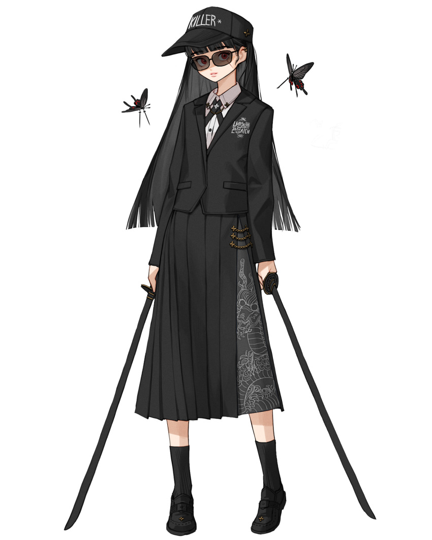 1girl bangs black_butterfly black_footwear black_headwear black_jacket black_skirt black_socks blunt_bangs blunt_ends bug butterfly collared_shirt dual_wielding ear_piercing earrings highres holding jacket jewelry long_hair long_skirt looking_at_viewer original parted_lips piercing pleated_skirt rinotuna shirt shoes simple_background skirt socks solo sunglasses sword weapon white_background white_shirt