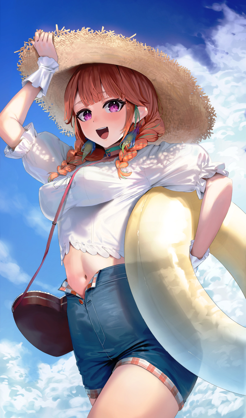 1girl :d absurdres bag bangs blue_shorts blunt_bangs blush braid breasts cowboy_shot earrings feather_earrings feathers hand_on_headwear hat highres holding holding_innertube hololive hololive_english innertube jewelry long_hair medium_breasts midriff navel orange_hair purple_eyes pyytato shirt shorts shoulder_bag smile solo standing straw_hat takanashi_kiara twin_braids virtual_youtuber white_shirt wrist_cuffs