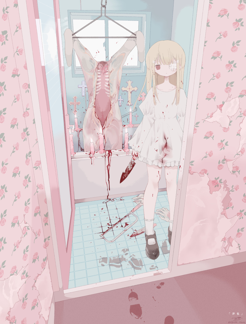 1girl absurdres bangs bathroom bathtub black_footwear blonde_hair blood blood_in_hair blood_on_clothes blood_on_ground blood_on_hands blood_on_knife blood_on_leg blood_splatter blood_stain bloody_footprints bonesaw candle collarbone commentary corpse cross death dismemberment dress empty_eyes expressionless floral_print frilled_dress frilled_socks frills gauze guro hacksaw hair_ornament hairclip headless highres holding holding_knife indoors knife latin_cross long_hair long_sleeves looking_at_viewer mary_janes mutilation one_eye_covered open_door original outo_eguchi parted_lips red_eyes ritual rose_print saw severed_hand shoes short_dress signature socks solo standing straight_hair tile_floor tiles twitter_username white_dress white_socks window