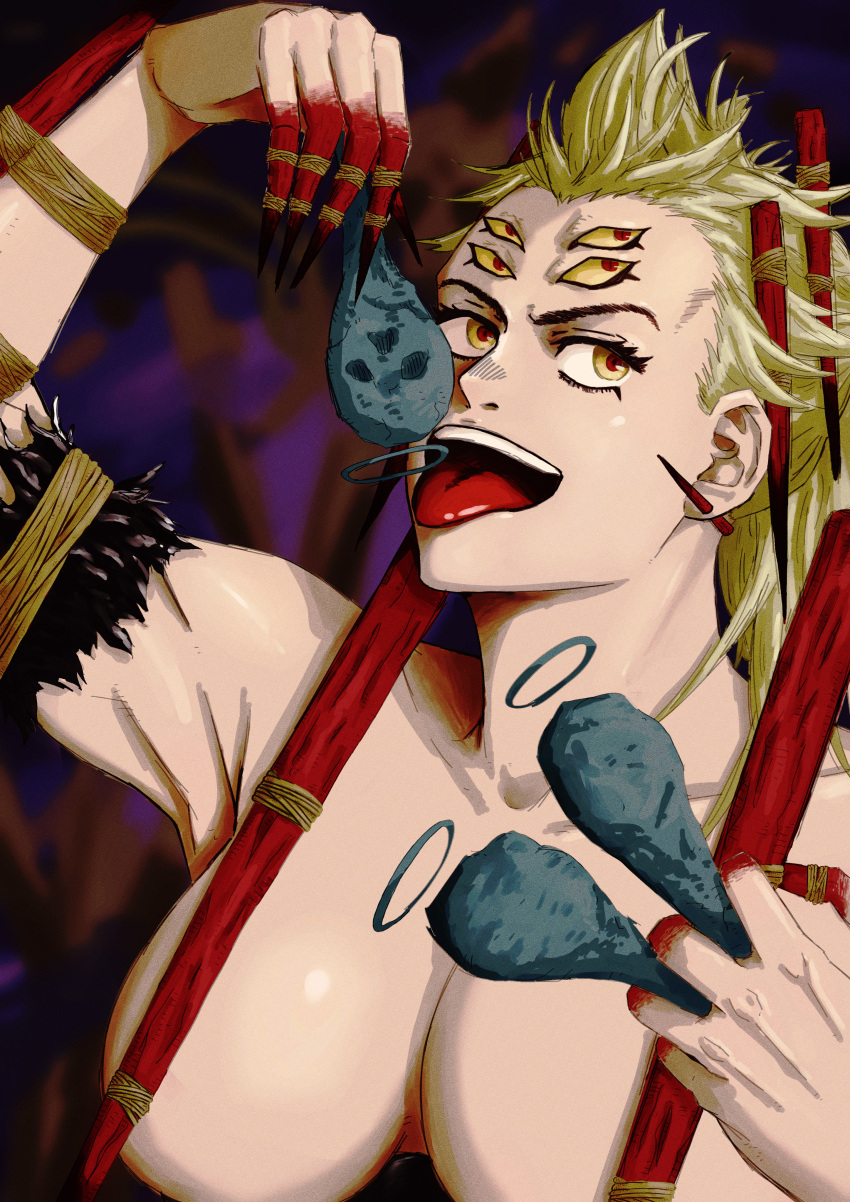 06rero06 1girl absurdres blonde_hair breasts cleavage colored_sclera dai_dark earrings eating extra_eyes highres jewelry open_mouth red_eyes shimada_death smile solo stake tongue tongue_out upper_body yellow_eyes yellow_sclera