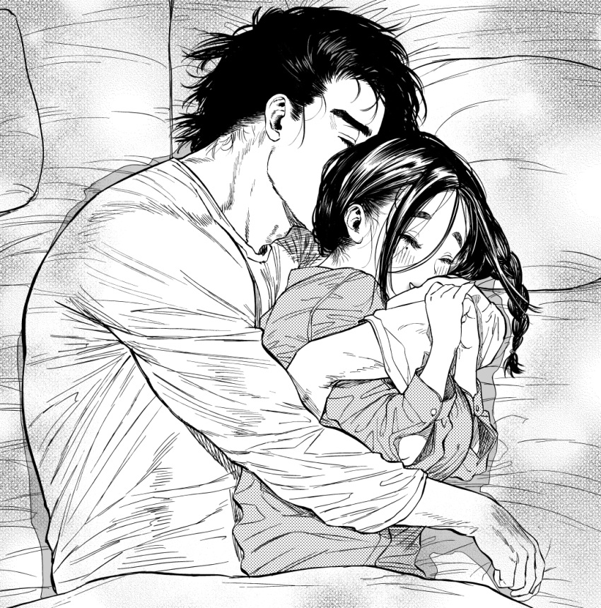 1boy 1girl bangs bed black_hair blush braid breasts couple greyscale hetero kimidake long_hair long_sleeves lying monochrome on_bed on_side original parted_bangs pillow smile spooning under_covers