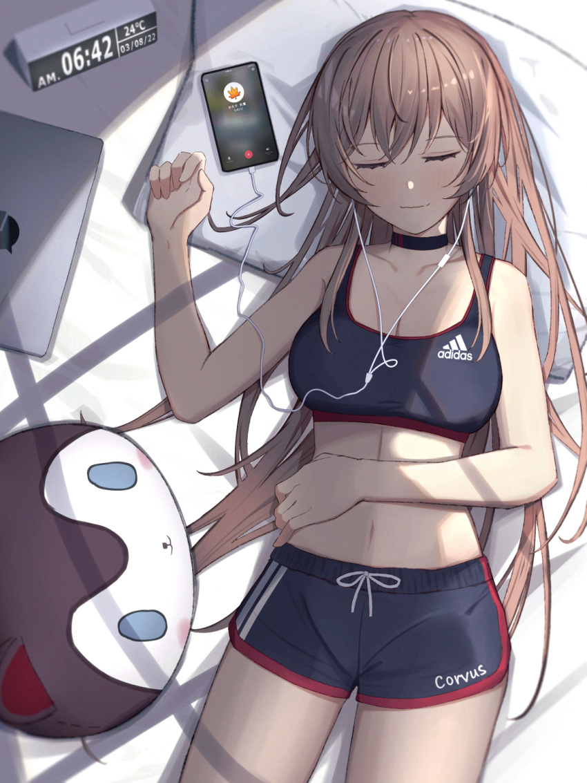 1girl bangs blush brown_hair cellphone choker clock closed_eyes computer digital_clock earphones furen_e_lustario hands_on_own_stomach highres higuchi_kaede inui_toko kuroko1604 laptop long_hair lying morning nijisanji phone pillow shadow shorts sleeping smartphone smile solo sports_bra stuffed_toy very_long_hair virtual_youtuber