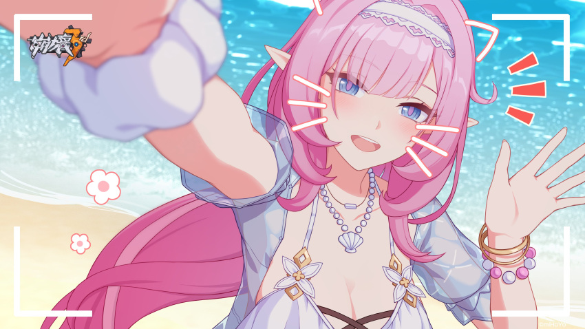 1girl :d absurdres bangs beach blue_eyes breasts cleavage elf elysia_(honkai_impact) elysia_(miss_pink_elf) headband highres honkai_(series) honkai_impact_3rd jewelry looking_at_viewer necklace official_art open_mouth outdoors pink_hair pointy_ears ponytail sand seashell see-through selfie shell short_sleeves smile solo swimsuit viewfinder water