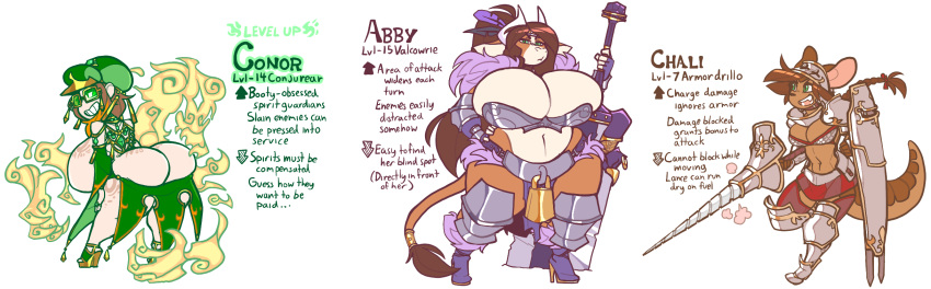 2018 abby_(jwinkz) anthro armadillo armor big_breasts big_butt bovid bovine bracers breastplate breasts brown_hair butt cattle chali_(chalo) clothing conor drill ear_piercing ear_ring english_text eyewear female footwear gameplay_mechanics glasses gloves greaves green_eyes group hair handwear hat headgear headwear helmet hi_res high_heels horn huge_breasts huge_sword human jewelry jinti_(artist) lance_(weapon) level_up lock magic magic_user mammal melee_weapon mostly_nude pauldron piercing polearm ponytail presenting presenting_hindquarters ring_piercing shield side_boob sword sword_in_ground tattoo text trio weapon xenarthran