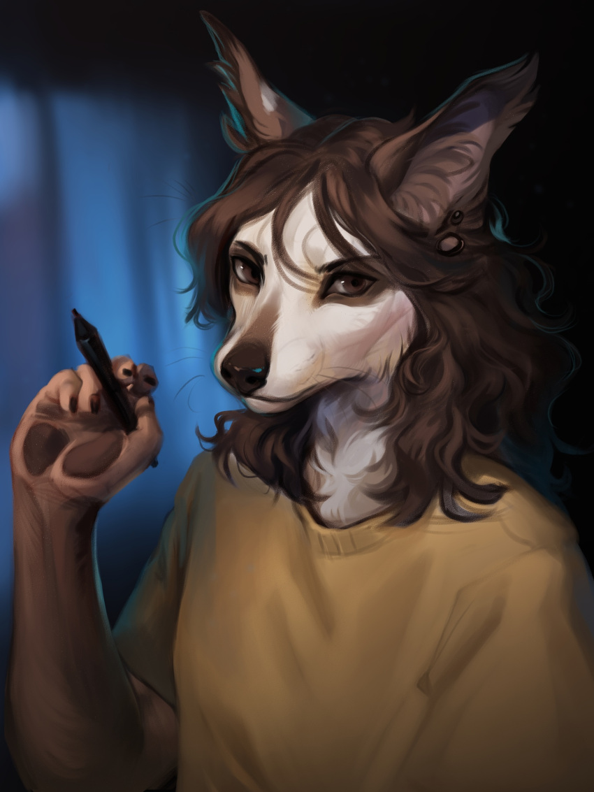 2022 3:4 5_fingers anthro breasts brown_body brown_eyes brown_fur brown_hair clothed clothing dannoitanart digital_media_(artwork) ear_piercing ear_ring female fingers fur hair hi_res piercing ring_piercing viverra white_body white_fur