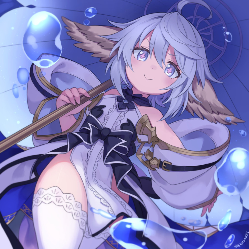 1girl :v animal_ears bare_shoulders blue_hair blush botamochi_(exwelder) bow closed_mouth dress_bow flower-shaped_pupils granblue_fantasy harvin highres holding light_blue_hair medium_hair parasol pelvic_curtain smile solo symbol-shaped_pupils thighhighs umbrella wamdus_(granblue_fantasy) water_drop white_thighhighs