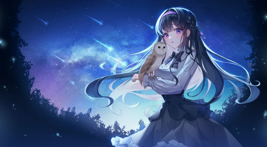 1girl :o animal_on_arm bangs bird bird_on_arm black_bow black_bowtie black_hair blunt_bangs bow bowtie braid breasts clothing_request collared_shirt commission dot_nose floating_hair frilled_skirt frills galaxy grey_skirt hairband highres large_breasts light_particles long_hair long_sleeves looking_at_viewer night night_sky original outdoors owl parted_lips purple_eyes purple_hairband shirt shooting_star side_braid single_braid skirt sky solo standing star_(sky) starry_sky tree tteullie white_shirt