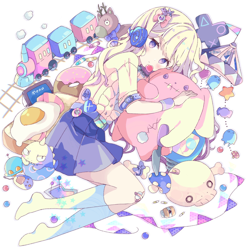 1girl bangs blonde_hair blue_skirt blush bottle cartoon_bone closed_mouth commentary crayon doughnut food fried_egg fried_egg_on_toast full_body headphones headphones_around_neck heart highres kneehighs knife long_hair looking_at_viewer mushroom original pennant pill playstation_symbols pleated_skirt polka_dot purple_eyes railroad_tracks shirt short_sleeves simple_background skirt skull socks solo star_(symbol) stitched_mouth stitches string string_of_fate stuffed_animal stuffed_bunny stuffed_reindeer stuffed_toy symbol-only_commentary tamagotchi toast toy_train tsukiyo_(skymint) ufo white_background white_shirt white_socks wrist_cuffs