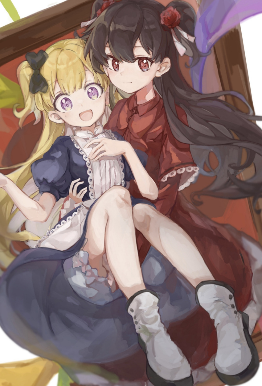 2girls apron black_hair blonde_hair bow carrying dress emilico_(shadows_house) flower hair_bow hair_flower hair_ornament highres humanization kate_(shadows_house) long_hair multiple_girls open_mouth princess_carry purple_eyes red_dress red_eyes rose shadows_house shoes smile two_side_up