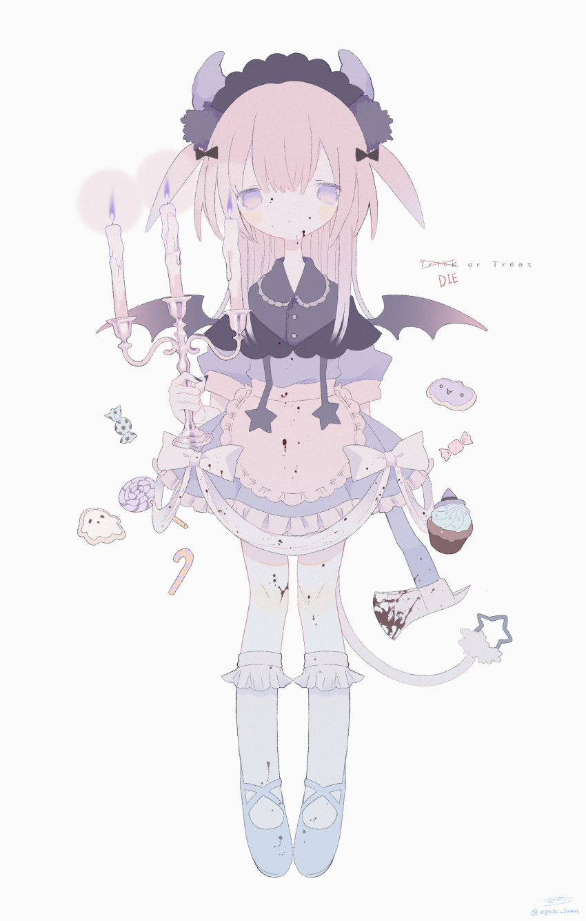 1girl absurdres apron axe bangs bat_wings black_bow black_headdress black_nails blood blood_on_axe blood_on_clothes blood_on_face blood_on_leg blue_footwear bow buttons candle candlestand candy candy_cane closed_mouth collared_shirt commentary cookie cupcake demon_girl demon_horns dress english_commentary english_text expressionless food frilled_apron frilled_shirt_collar frilled_socks frills full_body grey_shirt hair_bow halloween highres holding holding_axe holding_candle horns lollipop long_hair looking_at_viewer maid_headdress nail_polish off-shoulder_dress off_shoulder original outo_eguchi pink_hair puffy_short_sleeves puffy_sleeves purple_dress purple_eyes shirt short_dress short_sleeves signature simple_background socks solo standing star_(symbol) straight-on tail twitter_username two_side_up waist_apron white_apron white_background white_bow white_socks wings