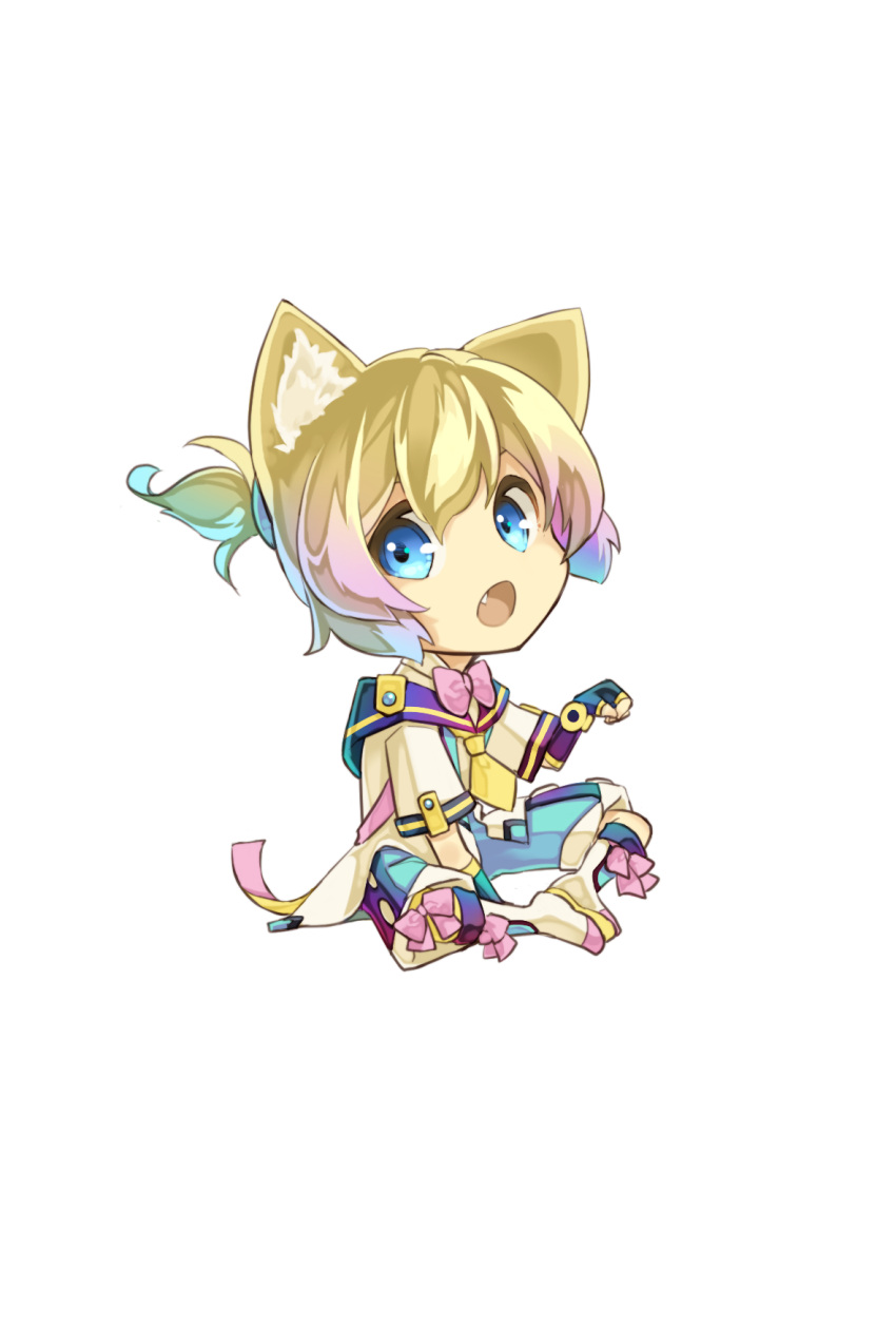 1boy :o animal_ears azuma_kazamori blonde_hair blue_eyes blue_hair bow bowtie butterfly_sitting cat_boy cat_ears fang gradient highres kagamine_len kemonomimi_mode knees_apart_feet_together looking_at_viewer magical_mirai_(vocaloid) magical_mirai_len magical_mirai_len_(2018) male_focus necktie on_ground open_mouth pink_bow pink_bowtie pink_hair short_necktie short_ponytail simple_background sitting solo vocaloid white_background yellow_necktie