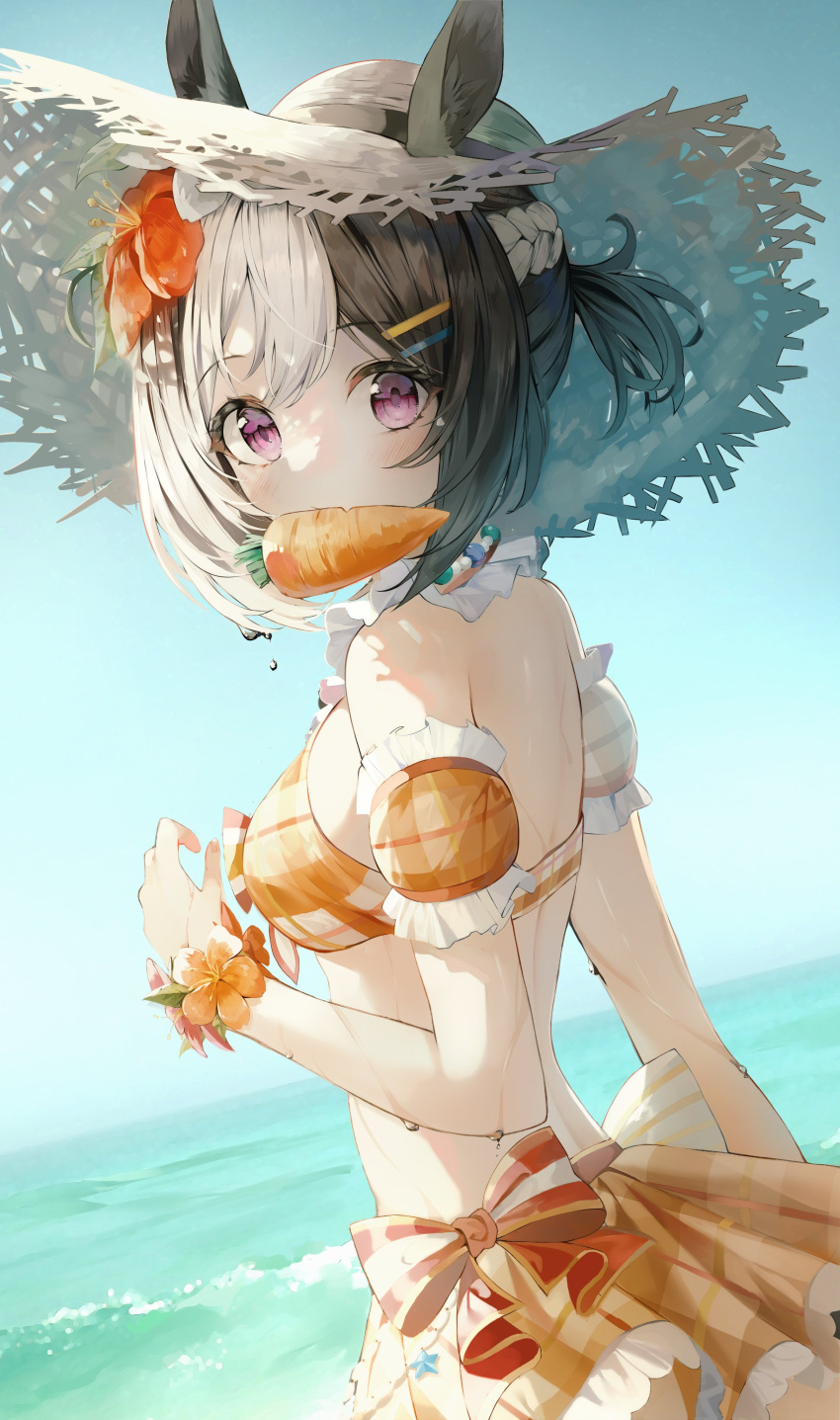 1girl absurdres animal_ears animal_ears_(artist) armlet bangs bare_shoulders beach beads bikini black_hair blue_sky bow braid breasts carrot commentary day english_commentary expressionless flower flower_bracelet food frilled_bikini frills hair_ornament hairclip hat highres horse_ears horse_girl looking_at_viewer looking_back mouth_hold multicolored_hair one_side_up orange_bikini orange_bow orange_flower outdoors pink_eyes plaid plaid_bikini short_hair sidelocks single_braid sky small_breasts solo special_week_(umamusume) straw_hat swimsuit two-tone_hair umamusume white_hair white_headwear