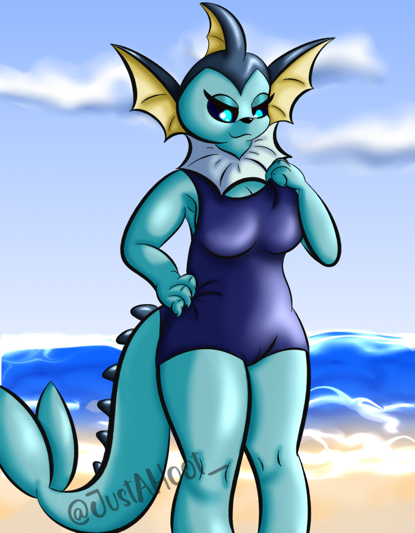 anthro beach big_breasts blue_body blue_eyes breasts clothed clothing eeveelution female generation_1_pokemon hi_res justahoot nintendo one-piece_swimsuit outside pokemon pokemon_(species) pokemorph seaside simple_background smile solo standing swimwear vaporeon video_games