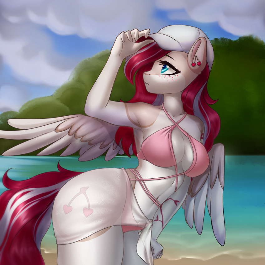 absurd_res anthro beach bikini breasts clothing cutie_mark ear_piercing equid equine female freckles hair hasbro hi_res mammal medium_breasts multicolored_hair my_little_pony pegasus piercing red_hair seaside solo swimwear two_tone_hair wings yutakira92