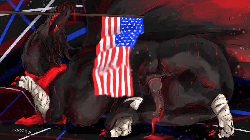arkylite bandage bandaged_leg black_body black_scales black_tongue bodily_fluids butt claws colored_cum cum cum_drip cum_on_ground cum_on_penis dark_body diamondbackdrake dragon dripping feral flagpole genital_fluids genitals glowing glowing_eyes hi_res horn male patriotism penis politics presenting presenting_hindquarters presenting_penis red_claws red_cum red_eyes red_stripes scales scalie scarf solo spiked_penis spikes spikes_(anatomy) stars_and_stripes stripes tail_wrapped tongue united_states_of_america unusual_bodily_fluids unusual_cum unusual_genital_fluids western_dragon