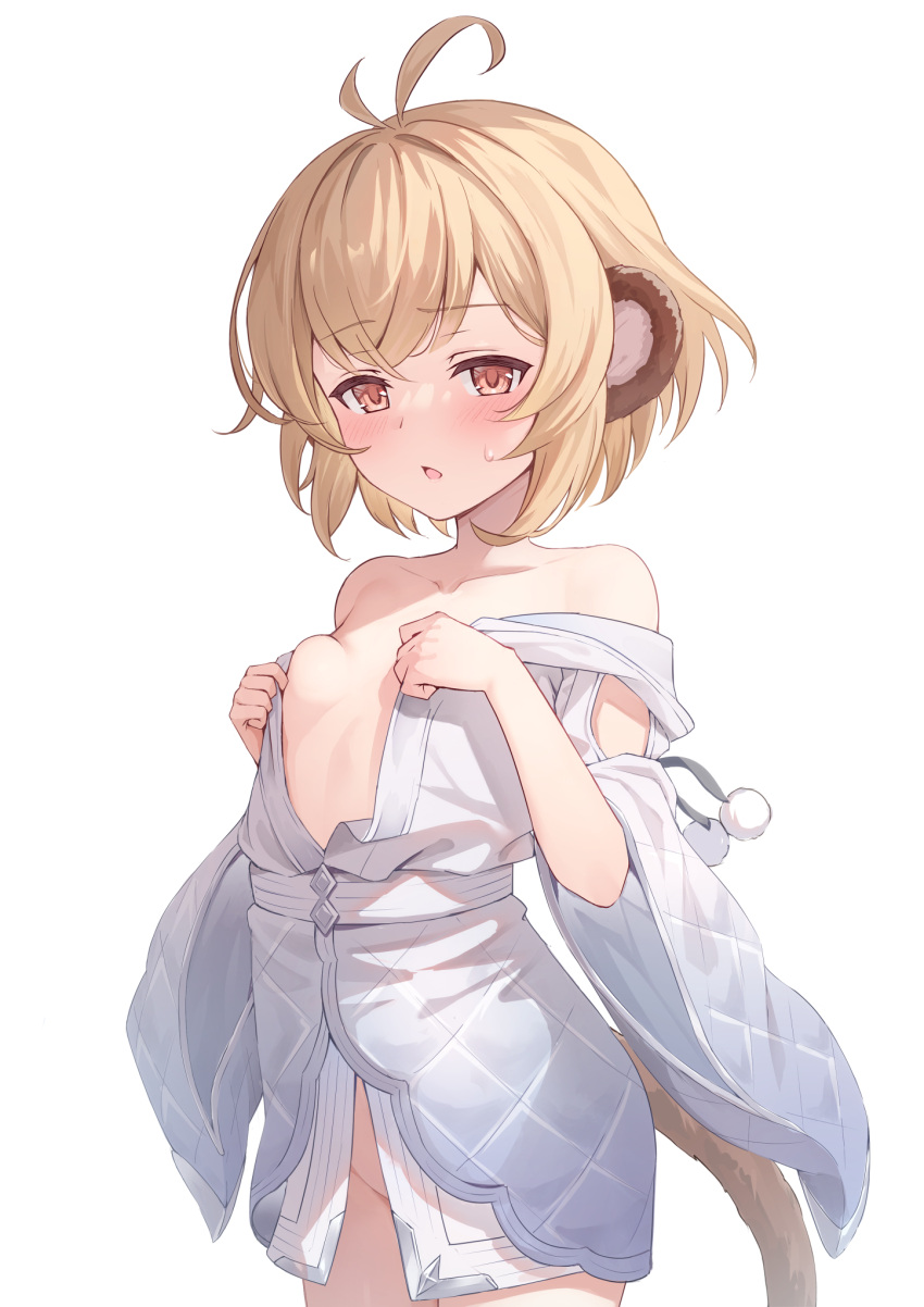 2022 andira_(granblue_fantasy) animal_humanoid blonde_hair blush bodily_fluids breasts clothed clothing female granblue_fantasy hair hi_res humanoid kimblee_(artist) mammal mammal_humanoid monkey_humanoid off_shoulder partially_clothed primate primate_humanoid robe solo sweat sweatdrop