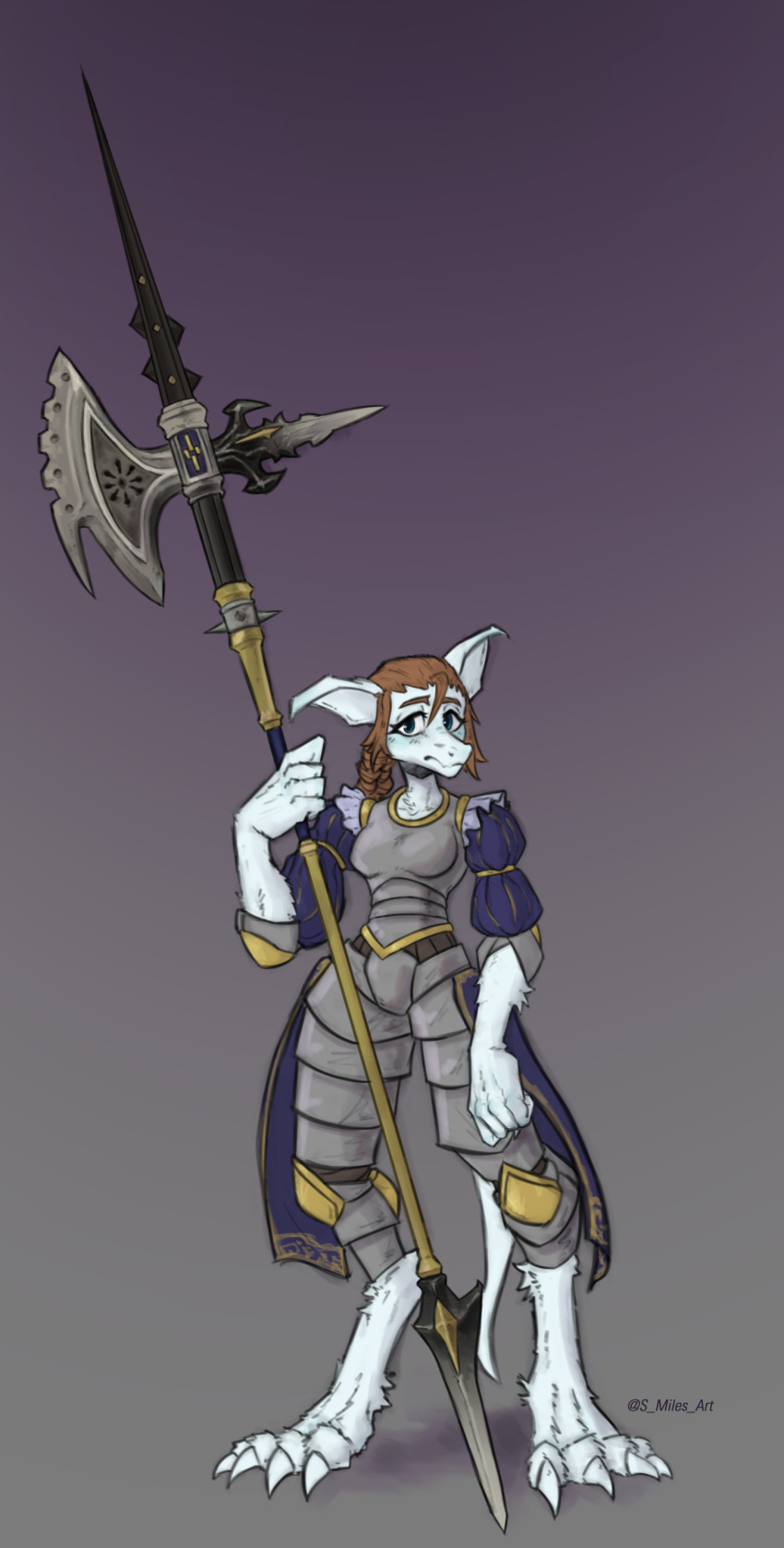 absurd_res anthro armor blue_eyes braided_hair braided_ponytail brown_hair burmecian claws clothed clothing final_fantasy final_fantasy_ix finger_claws fur gynomorph hair halberd hi_res intersex mammal melee_weapon plate plate_armor polearm purple_clothing rodent s_miles_art ser_ori_tuft solo square_enix video_games weapon white_body white_fur