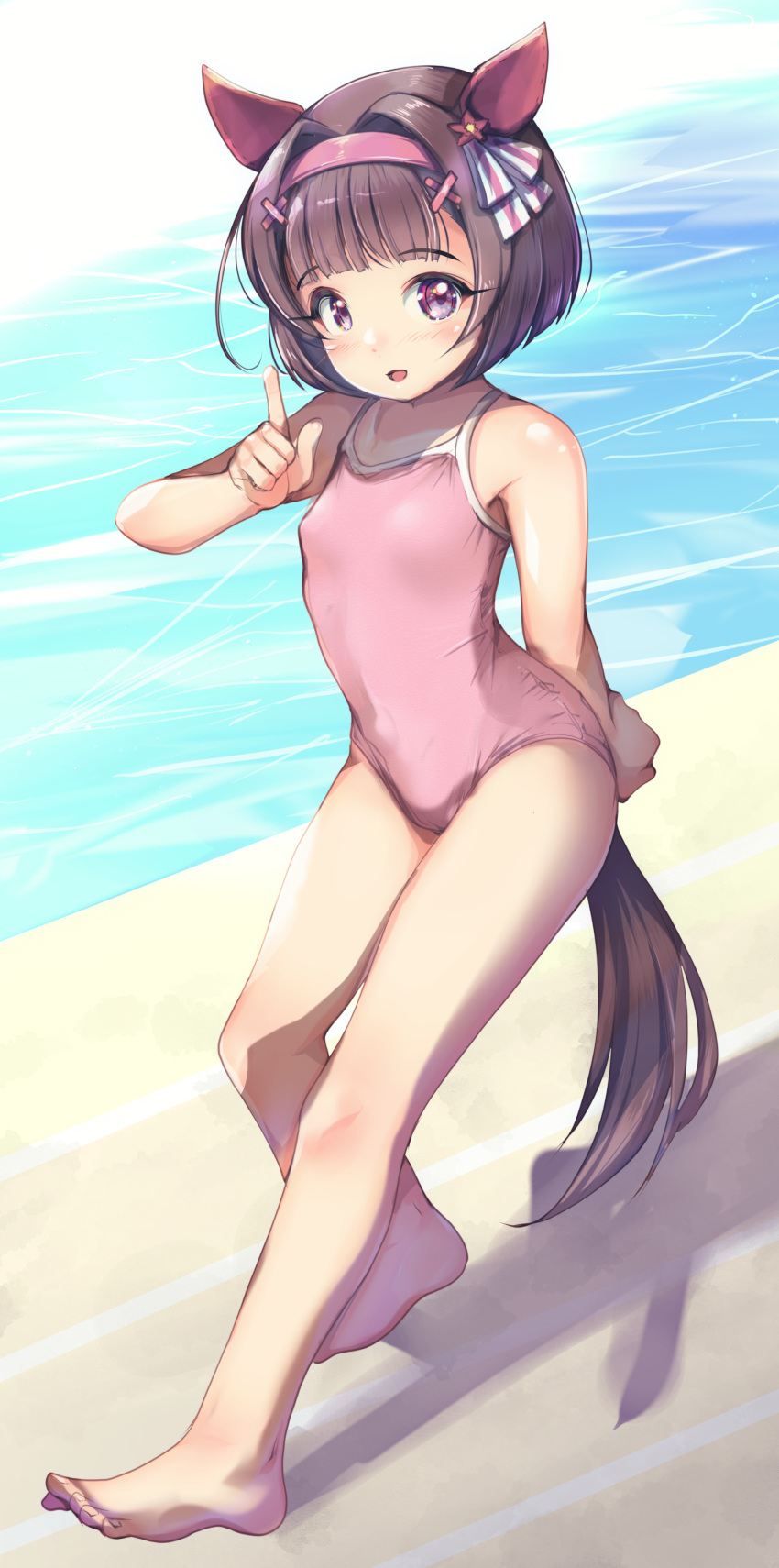 1girl absurdres animal_ears bangs barefoot black_hair blunt_bangs bob_cut commentary_request competition_school_swimsuit ear_covers full_body hair_ornament hairband highres horse_ears horse_girl horse_tail index_finger_raised nishino_flower_(umamusume) pink_hairband pink_one-piece_swimsuit purple_eyes school_swimsuit short_hair single_ear_cover solo swimsuit tail umamusume water x_hair_ornament yashin_(yasinz)