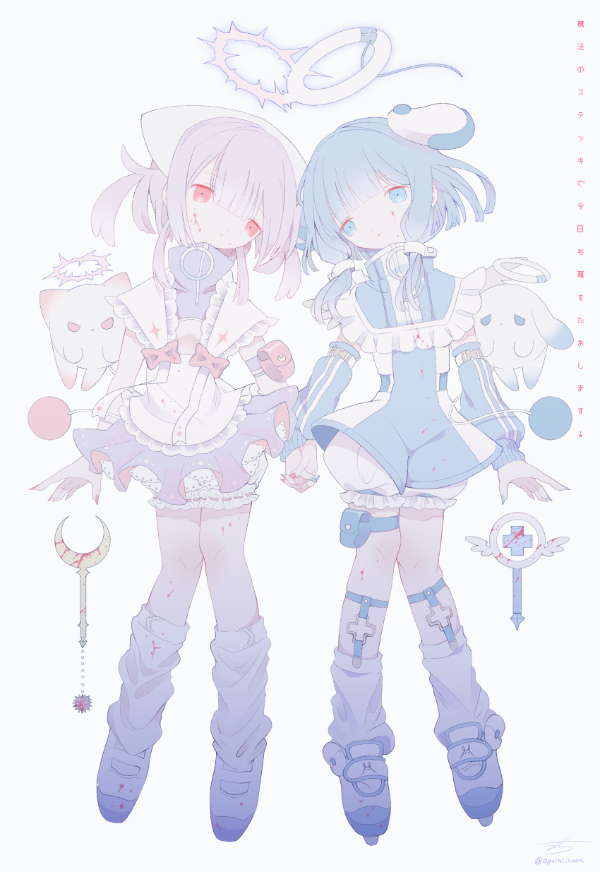 2girls absurdres angel_wings animal_ears apron arm_pouch bangs blood blood_on_clothes blood_on_face bloomers blue_eyes blue_hair blue_nails blue_sleeves blunt_bangs bow cat cat_ears closed_mouth creature detached_sleeves dog dog_ears extra_ears fake_animal_ears frilled_apron frills full_body hair_between_eyes hair_ribbon halo head_tilt high_collar highres holding_hands interlocked_fingers knees_together_feet_apart legwear_garter light_blue_hair long_hair looking_at_viewer loose_socks magical_girl medium_hair miniskirt multiple_girls nail_polish original outo_eguchi pale_color pink_bow pink_nails purple_hair purple_skirt red_eyes ribbon romper shoes sidelocks signature simple_background skirt sleeveless sleeves_past_wrists socks standing thigh_pouch translation_request twitter_username two_side_up underwear uwabaki white_apron white_background white_bloomers white_footwear white_socks wings