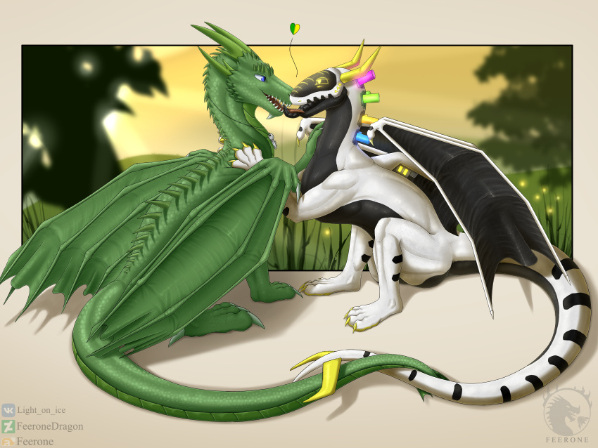 &lt;3 absurd_res anarog blue_eyes claws cybernetics cyborg cyborg_dragon dragon draken_(idgcaptainrussian94) duo embrace feerone feral french_kissing green_body hi_res horn hug kissing lawn love machine male male/male scales sitting spikes tongue tongue_out white_body