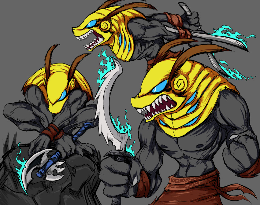 axe bakari_(character) battle_axe beast_(disambiguation) blue_fire bottomwear canid canine canis clothing clubs colored_fire crouching deity demon egyptian egyptian_mythology fangame fire glowing glowing_eyes growling hi_res jackal khopesh loincloth mammal melee_weapon metroidvania middle_eastern_mythology monster muscular mythology nipples pecs rock samurai_jack sarong set_(deity) set_(species) set_beast shendyt sword tcrakman video_games warrior warriors weapon wristband