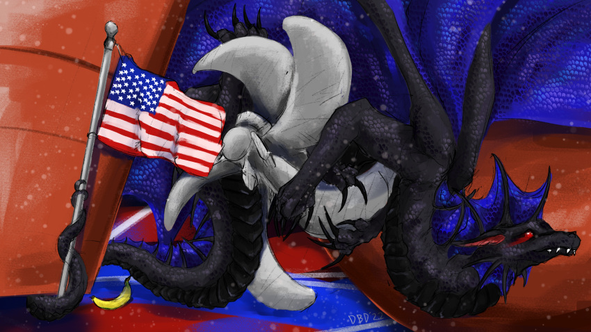 2022 banana black_body black_claws black_scales brokshax_(character) claws climbing diamondbackdrake dragon feral flagpole food fruit glowing glowing_eyes hi_res male membrane_(anatomy) patriotism plant politics propeller purple_body purple_wings red_eyes scales scalie ship signature solo stars_and_stripes tail_grabbing_object united_states_of_america vehicle watercraft western_dragon wings