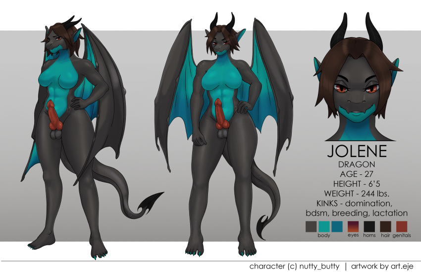 absurd_res anthro art.eje balls black_body breasts brown_hair dragon english_text genitals group hair herm hi_res horn intersex jolene_(nutty_butty) model_sheet multicolored_body penis red_eyes teal_body text thick_thighs trio two_tone_body wings