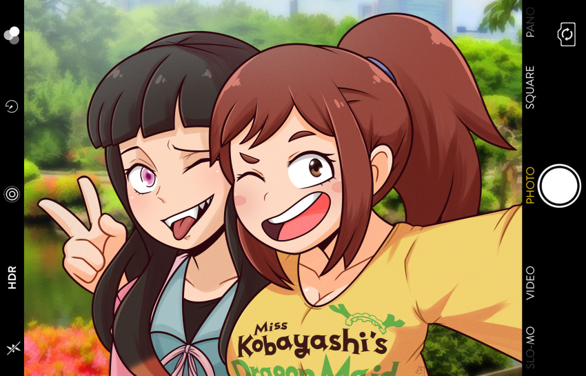 2girls absurdres alternate_hairstyle arm_around_shoulder bangs black_hair blush_stickers boku_no_hero_academia breasts brown_eyes brown_hair casual cleavage contemporary crossover fangs highres ios_(os) kamado_nezuko kimetsu_no_yaiba kobayashi-san_chi_no_maidragon large_breasts multiple_girls one_eye_closed phone_screen pink_eyes ponytail selfie semi_draws sharp_teeth sidelocks teeth tongue tongue_out uraraka_ochako user_interface viewfinder