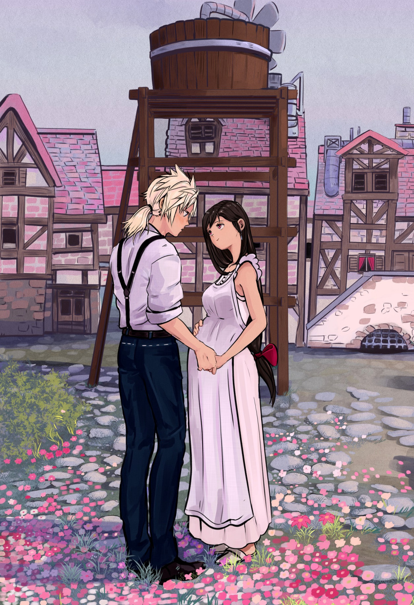 apron blonde_hair brown_hair cloud_strife couple dress final_fantasy final_fantasy_vii flower hetero highres holding_hands hugo_artist if_they_mated long_hair low-tied_long_hair outdoors pants pregnant red_eyes red_hair smile tifa_lockhart town