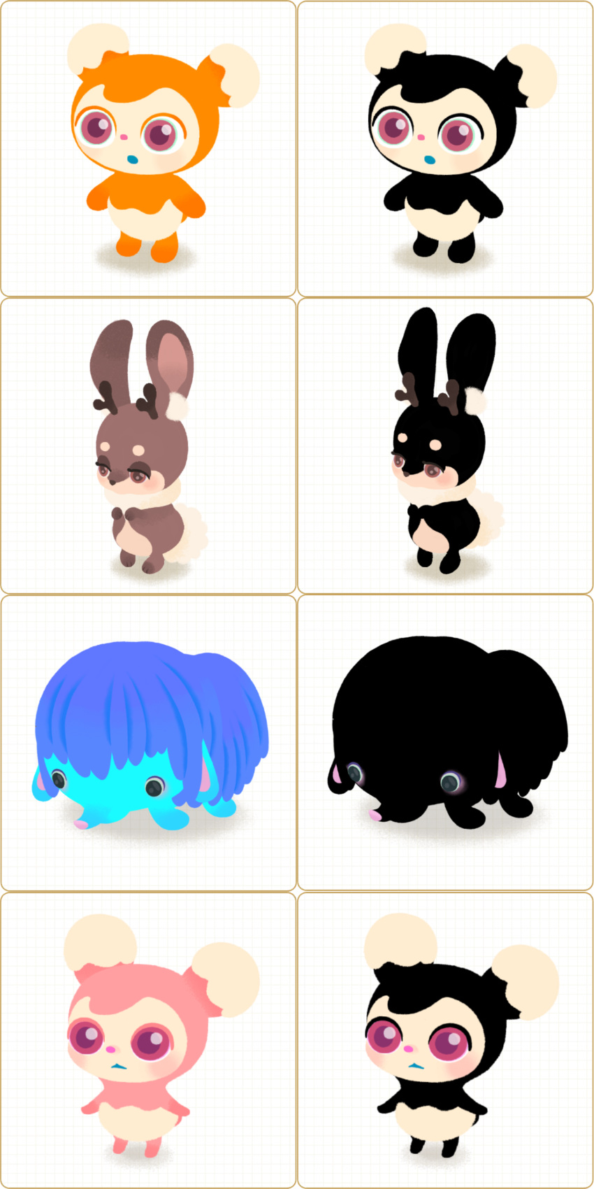 1:2 absurd_res ambiguous_gender anthro black_body black_fur blue_body blue_fur blue_hair cocone cornu_lepus_(livly) countershading feral fur group hair hi_res livly_(species) momoth_(livly) neo_pygmy_(livly) orange_body orange_fur pink_hair pink_inner_ear pygmy_2021_(livly) semi-anthro simple_background tan_body tan_countershading