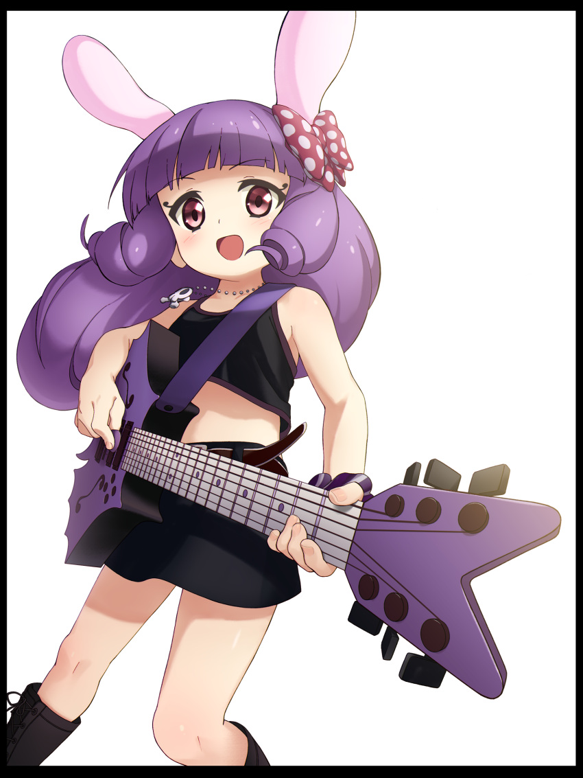 2020 accessory alpha_channel animal_humanoid black_border black_pupils border bow_ribbon chuchu_(show_by_rock!!) clothing collar eyebrows female footwear guitar hair hair_accessory hair_ribbon hi_res humanoid jewelry lagomorph lagomorph_humanoid leporid leporid_humanoid light_body light_skin long_hair looking_at_viewer mammal mammal_humanoid midriff musical_instrument necklace open_mouth pink_eyes plucked_string_instrument pupils purple_hair rabbit rabbit_humanoid ribbons sanrio shoes show_by_rock!! simple_background skull_necklace solo string_instrument suke transparent_background young