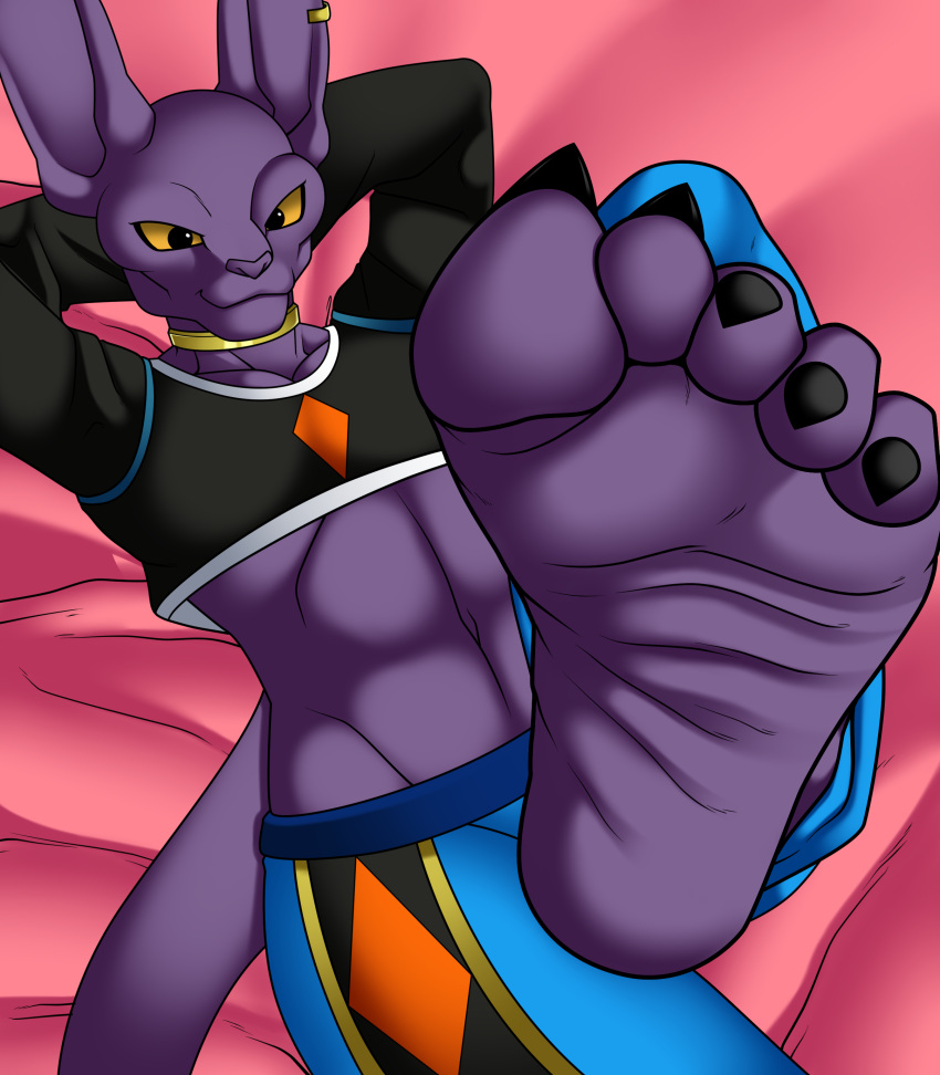 2022 5_toes abs absurd_res anthro bed beerus claws clothing crop_top cyborg-steve deity dragon_ball dragon_ball_super feet felid feline foot_focus furniture hi_res humanoid_feet low_waisted_pants male mammal shirt soles solo toes topwear ych