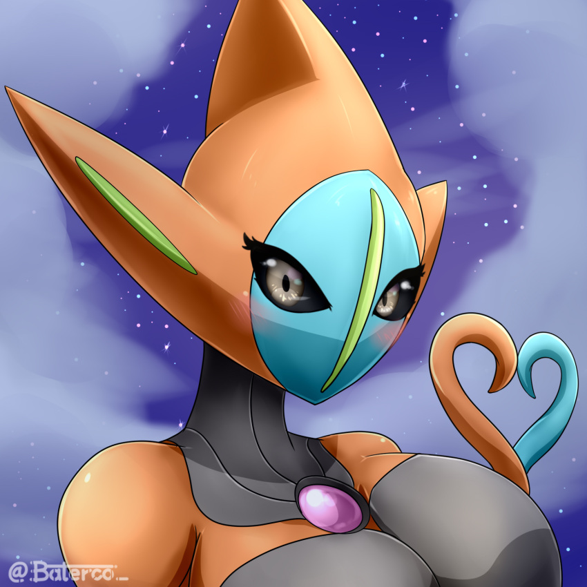 1:1 2022 alien anthro baterco big_breasts black_sclera blue_body blush breasts bust_portrait chest_gem deoxys female generation_3_pokemon gesture grey_eyes hi_res huge_breasts legendary_pokemon looking_at_viewer mouthless multicolored_body nintendo not_furry orange_body pokemon pokemon_(species) portrait signature simple_background sky solo star starry_sky tail_gesture tail_heart two_tone_body video_games