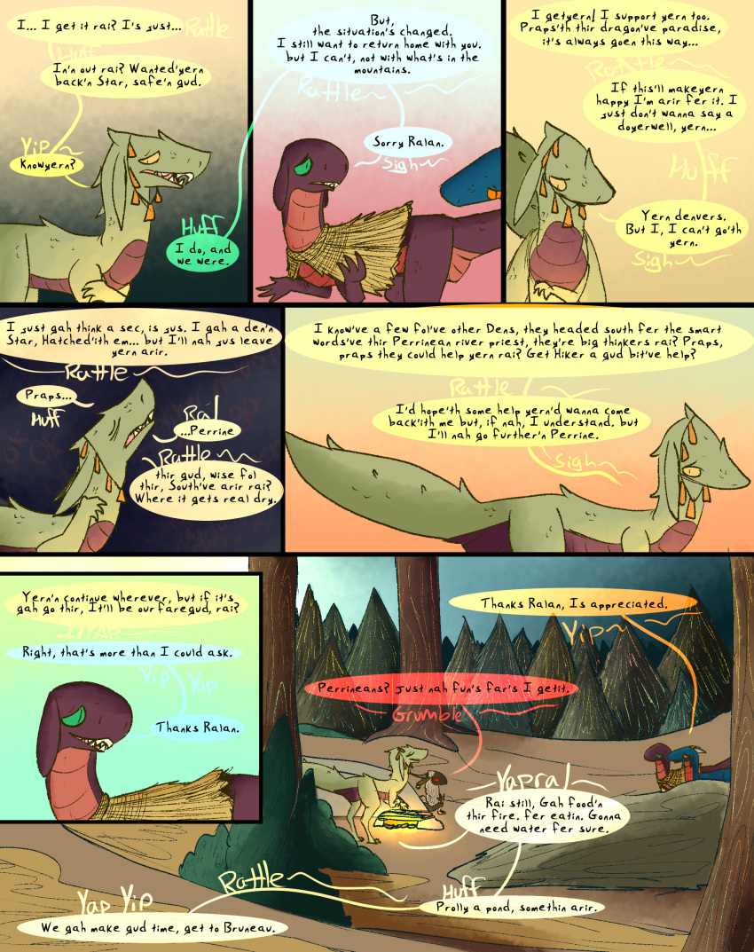 absurd_res campfire comic dinosaur dragon dragonscape drekir dromaeosaurid female feral fire forest forl_(thepatchedragon) group hi_res jat_(thepatchedragon) male oli_(thepatchedragon) plant post-apocalyptic ralan_(thepatchedragon) reptile scalie sunrise text thepatchedragon theropod tree tribal tribal_clothing