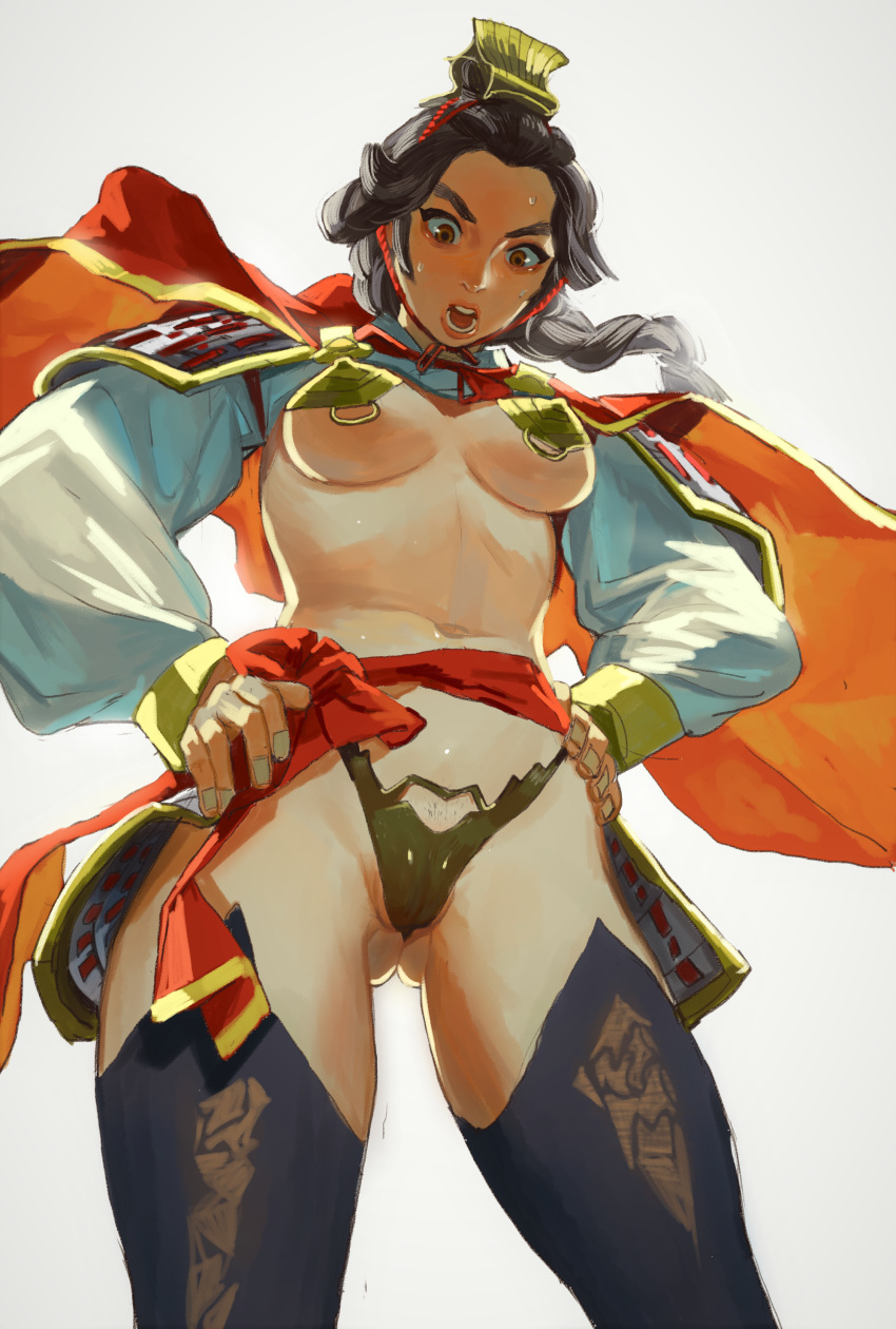 1girl absurdres armor bikini_armor black_hair black_thighhighs braid breasts brown_eyes cameltoe cape contrapposto copyright_request cowboy_shot fingernails hands_on_hips highres long_hair looking_at_viewer mossacannibalis navel open_mouth pasties pubic_stubble red_cape shrug_(clothing) simple_background solo standing sweat thighhighs underboob white_background wide-eyed