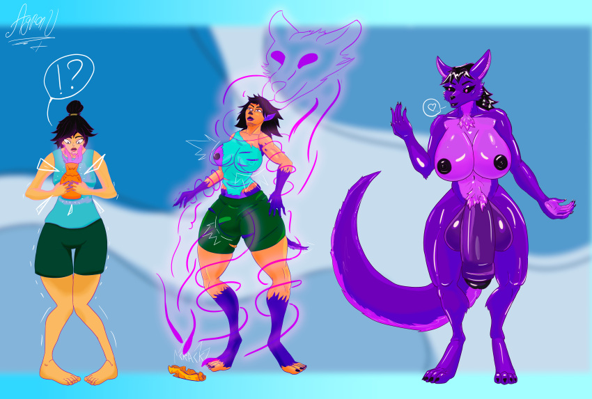 absurd_res after_transformation agron_u anthro big_butt big_penis blue_background butt canid canine canis dark dark_lips dark_nipples fan_character female fur genitals gynomorph hair hi_res human humanoid humanoid_genitalia intersex long_hair long_tail mammal penis purple_body purple_eyes purple_fur simple_background solo tall transformation wolf