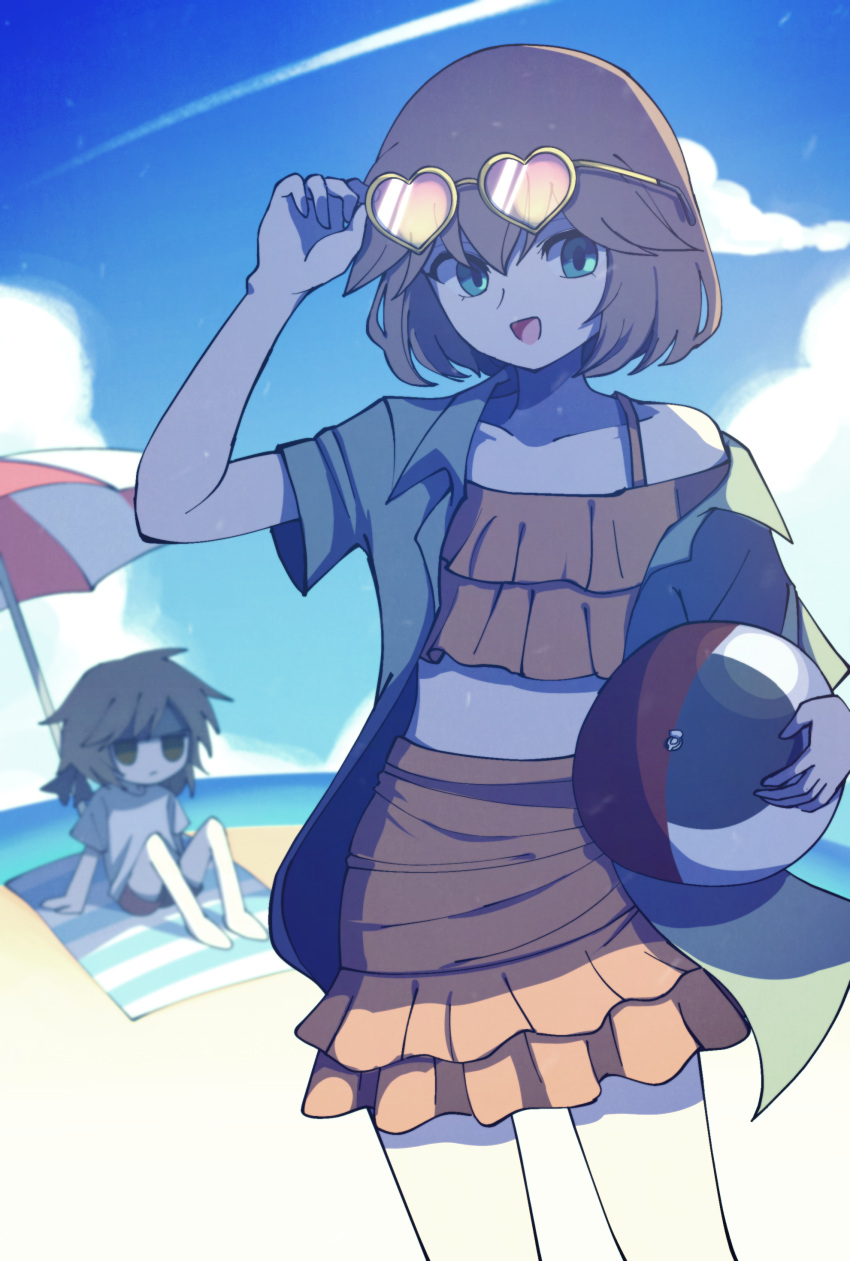 2others absurdres androgynous atoymk ball bandana beach beach_umbrella beachball bikini blue_eyes brown_hair day frilled_bikini frilled_swimsuit frills heart heart-shaped_eyewear highres holding holding_ball holding_beachball kurohebi kuzu_suzumi len'en multiple_others ocean short_hair spiked_hair swimsuit umbrella