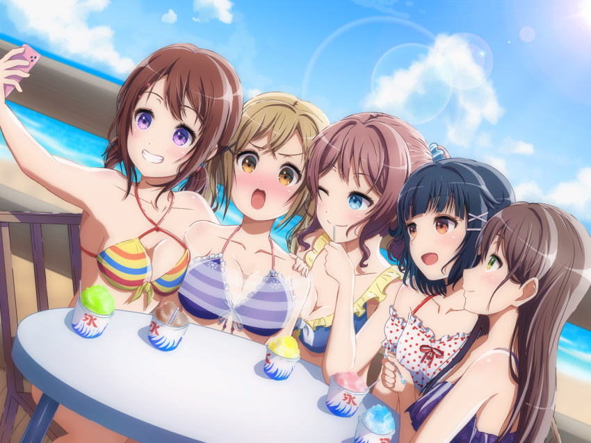 5girls bang_dream! beach bikini blonde_hair blue_eyes blue_hair blush breasts brown_eyes brown_hair cleavage dark_blue_hair hanazono_tae highres ichigaya_arisa large_breasts lens_flare long_hair multiple_girls noshimurin open_mouth poppin'party purple_eyes shaved_ice sitting sky smile striped striped_bikini swimsuit toyama_kasumi ushigome_rimi wavy_hair yamabuki_saaya