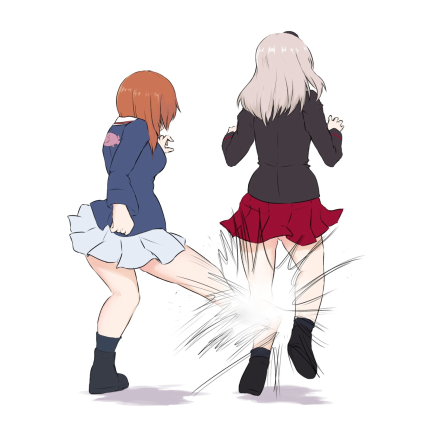 2girls anglerfish armorganger black_footwear black_headwear black_jacket black_socks blue_jacket boots brown_hair chisato_and_takina_kicking_each_other's_butt_(meme) from_behind full_body garrison_cap girls_und_panzer grey_hair hat highres itsumi_erika jacket kicking kuromorimine_military_uniform long_sleeves lycoris_recoil medium_hair meme military_hat multiple_girls nishizumi_miho ooarai_military_uniform parody pleated_skirt red_skirt scene_reference short_hair simple_background skirt socks white_background white_skirt