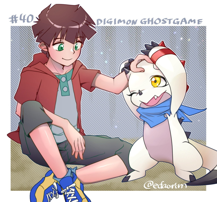 anthro bandai_namco bandanna brown_hair ceratopsian claws clothing digimon digimon_(species) digimon_ghost_game dinosaur duo edaorim footwear gammamon gammamon_(ghost_game) green_eyes hair hi_res hiro_amanokawa hoodie human kerchief male mammal ornithischian petting reptile scalie shoes sneakers topwear triceratops yellow_eyes