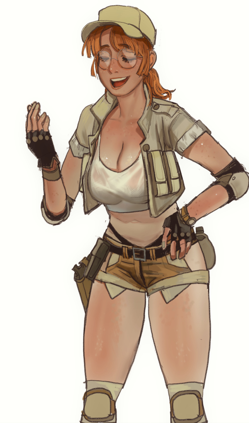 1girl belt belt_buckle breasts buckle canteen cleavage closed_eyes crop_top elbow_pads fingerless_gloves fio_germi glasses gloves gun hat highres holster holstered_weapon jacket knee_pads metal_slug midriff mossacannibalis open_mouth orange_hair round_eyewear short_shorts shorts simple_background solo sunburn watch weapon white_background wristwatch