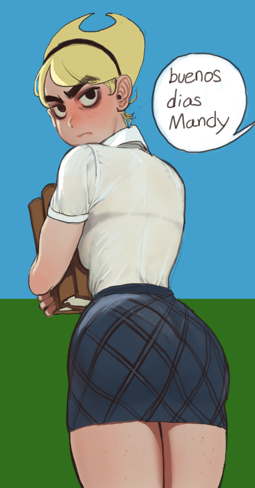 1girl absurdres ass black_eyes blonde_hair blue_skirt book buenos_dias_mandy_(meme) closed_mouth cowboy_shot earrings freckles from_behind frown highres holding holding_book jewelry looking_at_viewer looking_back mandy_(grim_adventures) meme miniskirt mossacannibalis shirt short_hair skirt solo spanish_text the_grim_adventures_of_billy_&amp;_mandy thick_eyebrows white_shirt