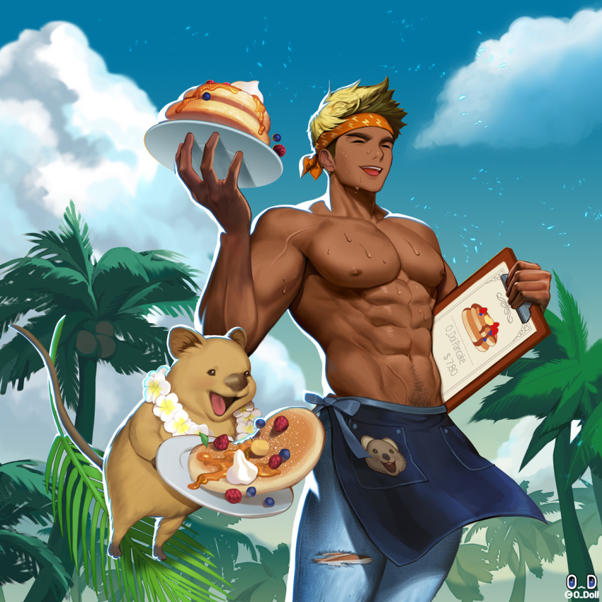 1boy abs animal animal_request apron artist_name blonde_hair blue_apron closed_eyes cloud dark-skinned_male dark_skin day denim food headband highres holding holding_menu holding_plate jeans large_pectorals male_focus menu muscular muscular_male navel nipples odol_illust orange_headband original outdoors pancake pancake_stack pants pectorals plate short_hair sky sweat topless_male waist_apron waiter