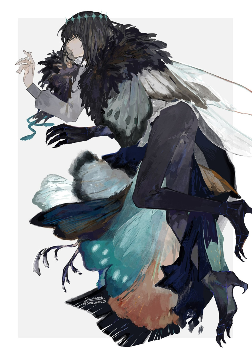 1boy :| alternate_hair_color arthropod_boy artist_name bangs black_hair black_pants blue_eyes butterfly_wings cloak closed_mouth collared_shirt crown diamond_hairband expressionless fate/grand_order fate_(series) full_body fur-trimmed_cloak fur_collar fur_trim highres insect_wings long_sleeves looking_away male_focus medium_hair multicolored_wings oberon_(fate) oberon_(third_ascension)_(fate) official_alternate_costume pants shirt signature solo surume_(su1193) twitter_username two-tone_background white_shirt wings