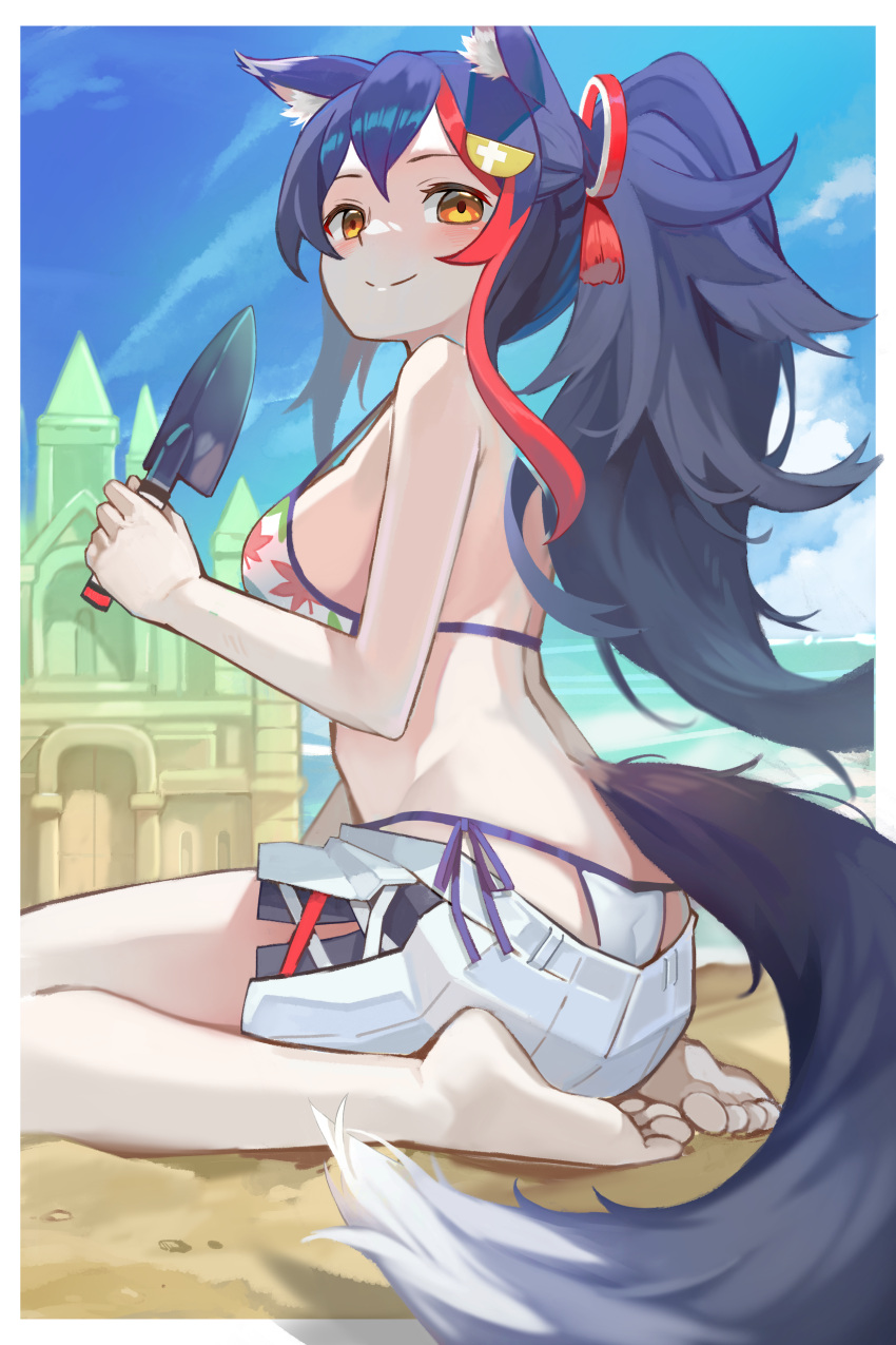 absurdres animal_ear_fluff animal_ears ass bare_shoulders beach bikini black_hair blush breasts cloud from_behind hair_between_eyes hair_ornament hair_ribbon hairclip highres holding holding_shovel hololive large_breasts leaf_print long_hair looking_at_viewer looking_back maple_leaf_print multicolored_hair ookami_mio orange_eyes ponytail red_hair ribbon sand sand_castle sand_sculpture short_shorts shorts shovel side-tie_bikini_bottom sideboob sidelocks sitting strap_gap streaked_hair swimsuit tail thong_bikini wariza whale_tail_(clothing) white_bikini wolf_ears wolf_girl wolf_tail yoshikawa_hiro