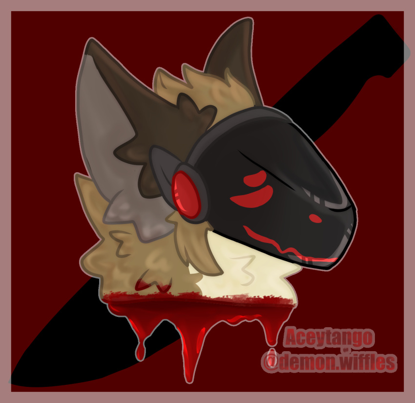 aceytango anthro blood bodily_fluids brown_body digital_media_(artwork) fur gore hi_res hyaenid johmn machine male mammal protogen red_eyes screen screen_face simple_background smile solo spotted_hyena